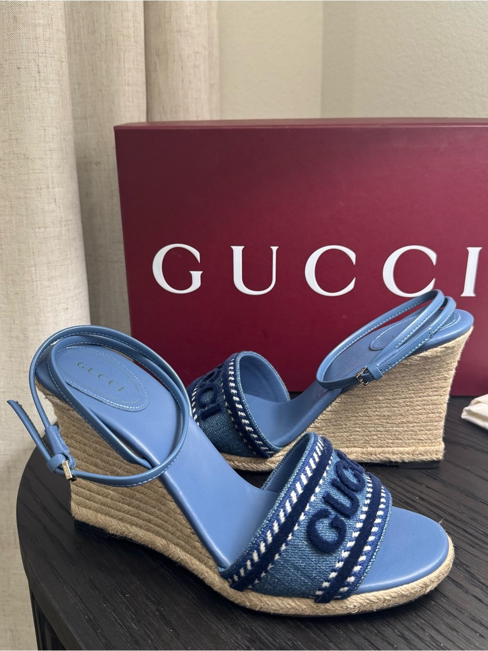Gucci Ines Logo Denim Wedge Espadrilles 39.5 - Picture 3 of 8